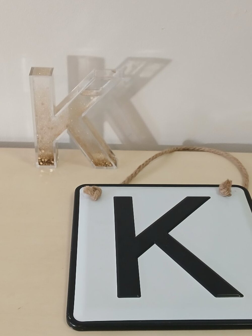 "K" decor - metal sign and acrylic glitter K